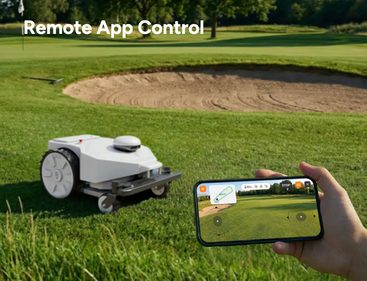 Remote app control for robotic lawn mower on a golf course