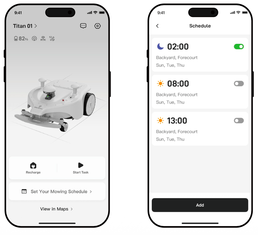 FJDynamics Titan autonomous mower app interface with scheduling and control features
