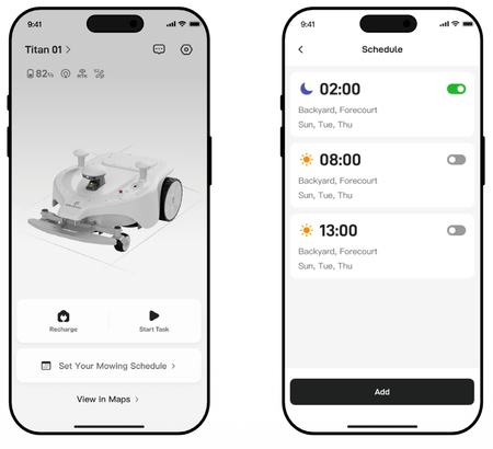 FJDynamics Titan autonomous mower app interface with scheduling and control features