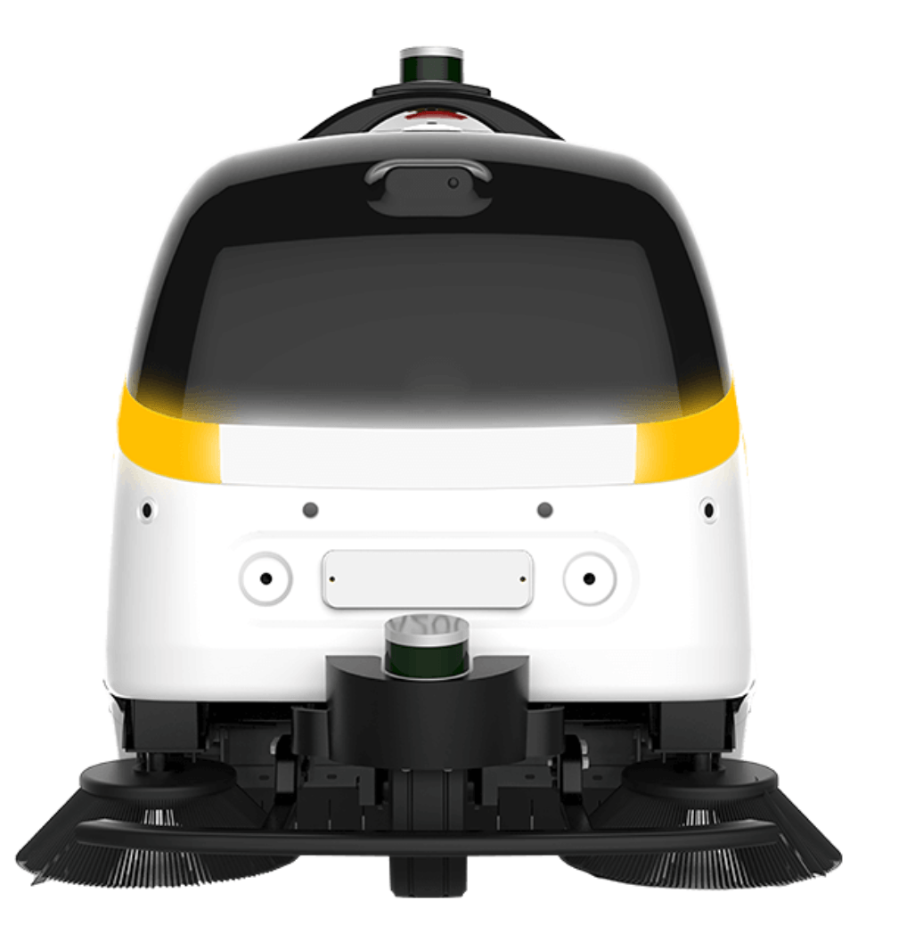 Rear view of outdoor cleaning robot with sensors and brushes