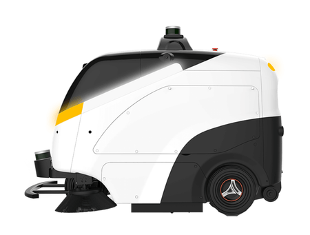 Front view of outdoor cleaning robot with brushes and sensors