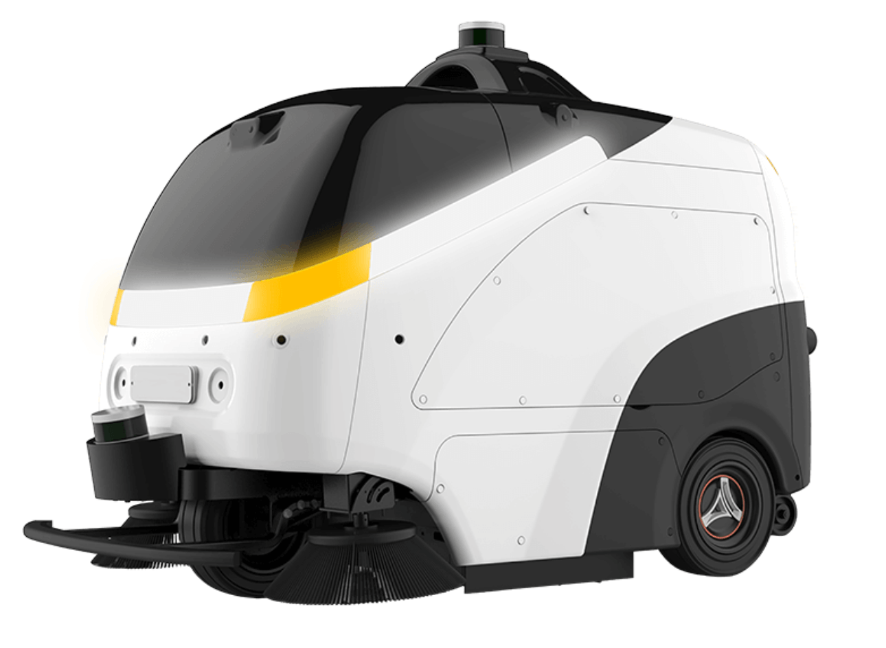 Side view of outdoor cleaning robot with white and black design
