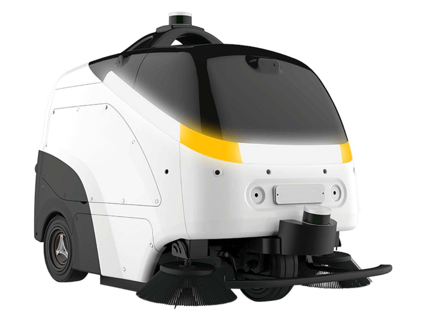 Outdoor cleaning robot for large spaces with dual brushes and sensors