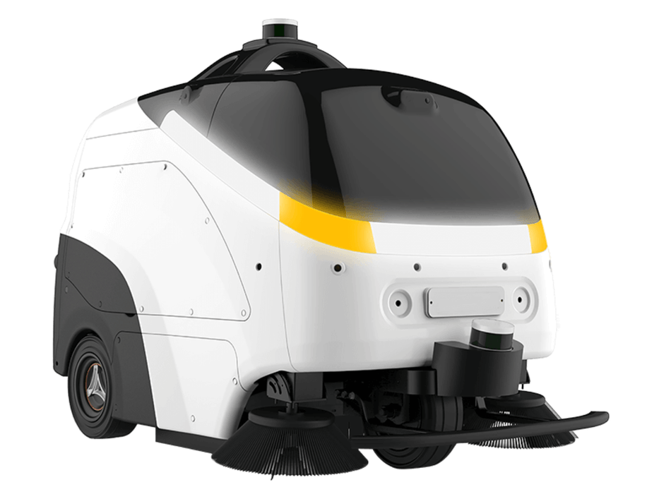 Outdoor cleaning robot for large spaces with dual brushes and sensors