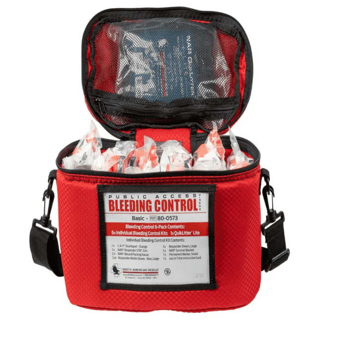 Public access bleeding control kit with labeled compartments, part of the HERO4 Emergency Station for trauma care.