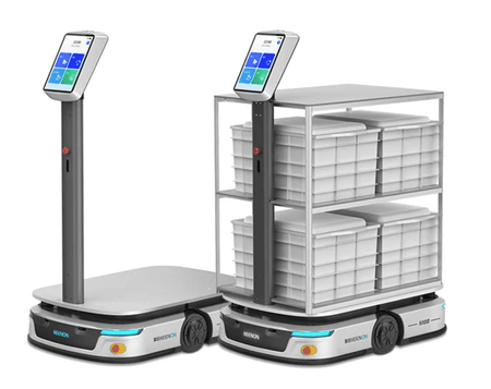 Keenon S100 Delivery Robot with touchscreen and cargo shelf, designed for industrial transport of heavy loads up to 220 lbs in warehouses or hospitality.