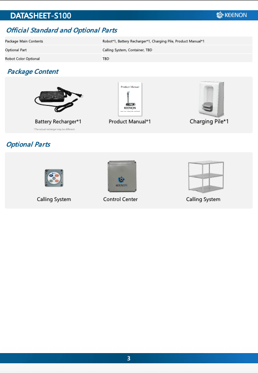 Keenon S100 Delivery Robot package contents and optional parts including battery recharger, control center, and calling system for industrial deployment.