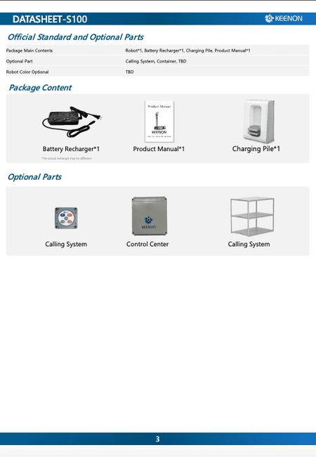 Keenon S100 Delivery Robot package contents and optional parts including battery recharger, control center, and calling system for industrial deployment.