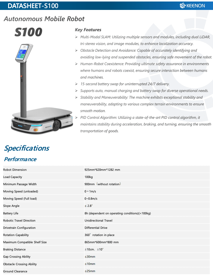 Keenon S100 Delivery Robot datasheet showing specifications, features, and dimensions for industrial automation and warehouse logistics applications.