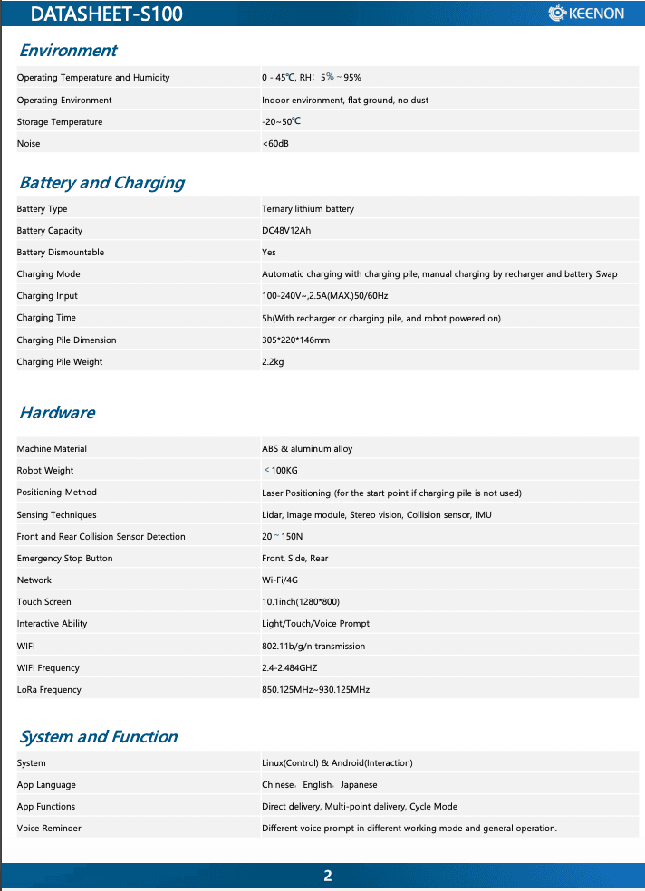 Technical specifications of Keenon S100 Delivery Robot including battery, hardware, and software details for business and industrial automation use.