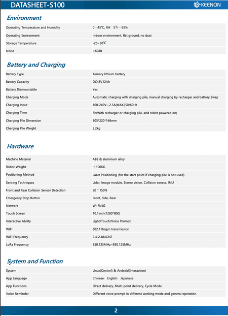 Technical specifications of Keenon S100 Delivery Robot including battery, hardware, and software details for business and industrial automation use.