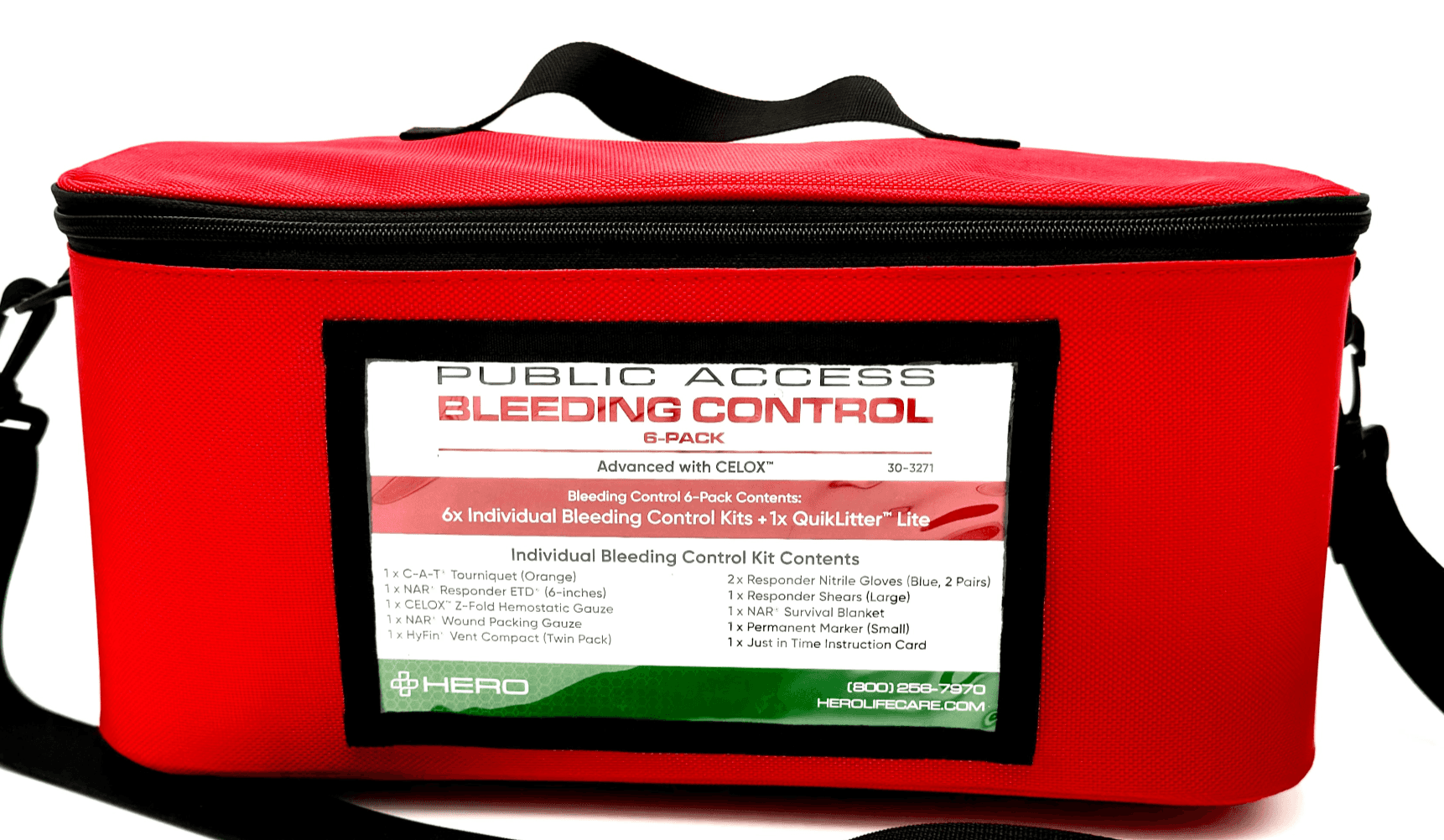 HERO Public Access Bleed Kit in red nylon tote with labeled front panel for bleeding control. Ideal for emergency preparedness in public spaces.