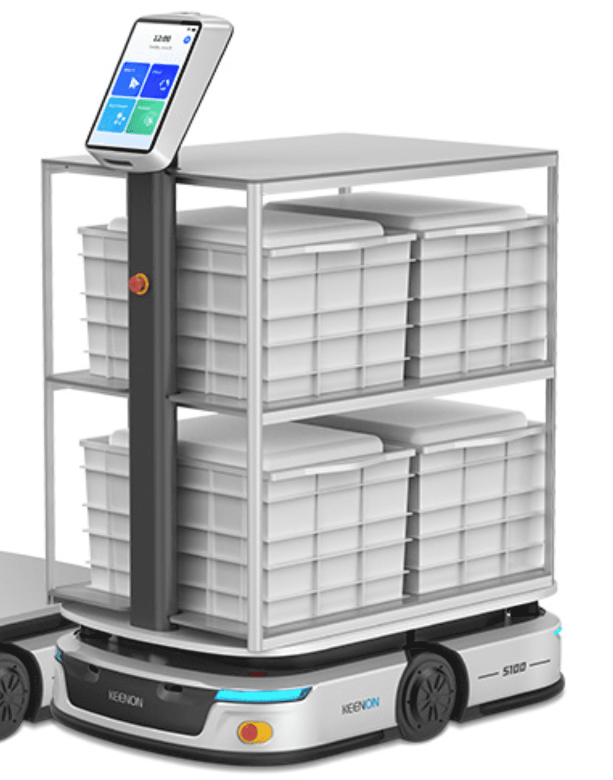 Keenon S100 Delivery Robot carrying stacked storage bins on dual shelves, built for efficient and safe transport of heavy items in industrial settings.