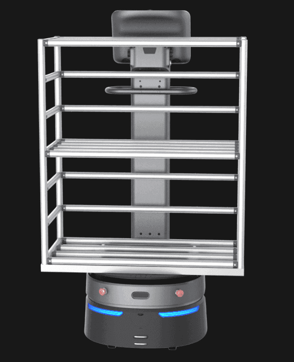 Rear view of Carrybot 3 - Warehouse Logistics Robot showing shelving structure and base sensors, built for efficient warehouse logistics operations.