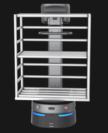 Rear view of Carrybot 3 - Warehouse Logistics Robot showing shelving structure and base sensors, built for efficient warehouse logistics operations.