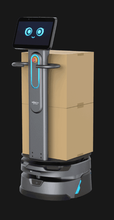 Luckibot Pro Carry 1 robot transporting stacked boxes, showcasing its load-carrying capacity for efficient warehouse operations.