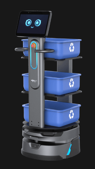 Carrybot 2 - Warehouse Robot equipped with blue recycling bins, optimized for sustainable material handling in industrial settings.