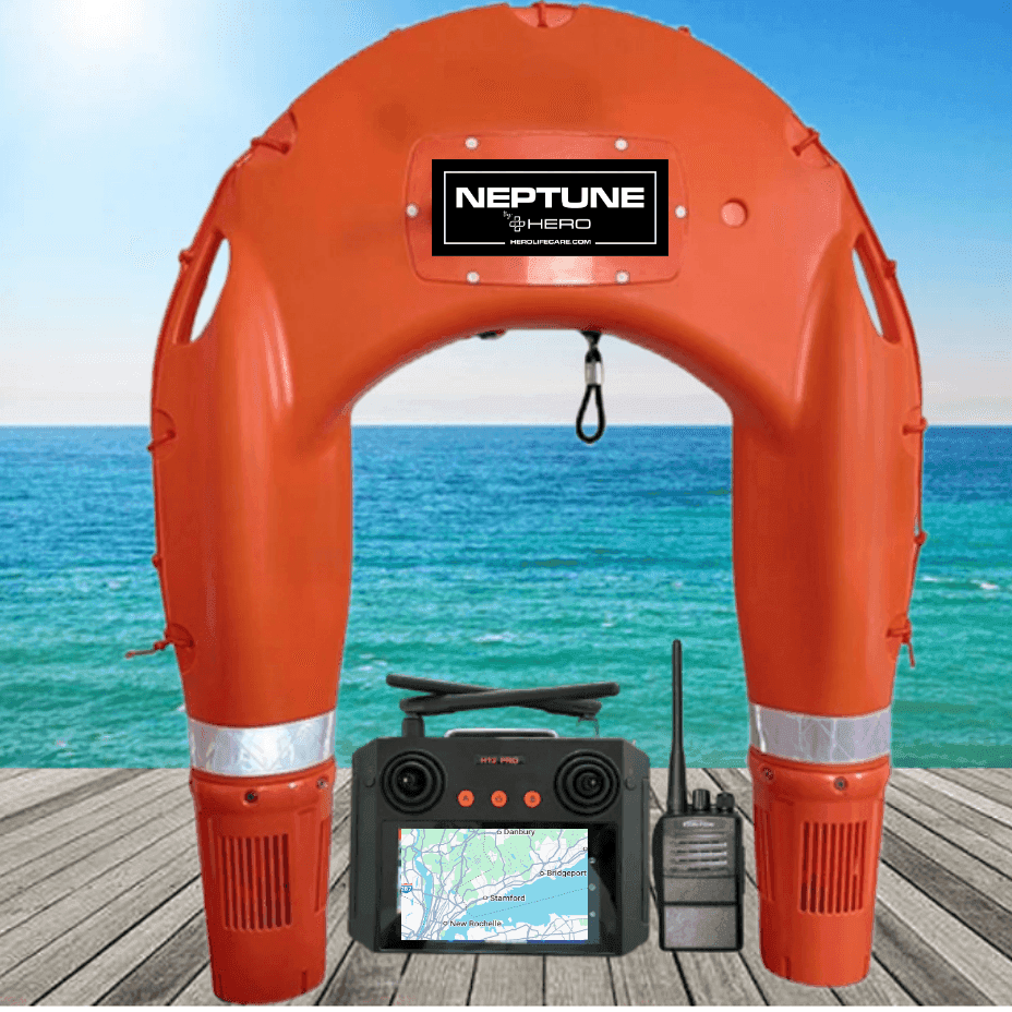 Neptune 7: Water Rescue Drone with GPS and HD camera, designed for rapid marine emergencies. Ideal for lifesaving in coastal or poolside settings.