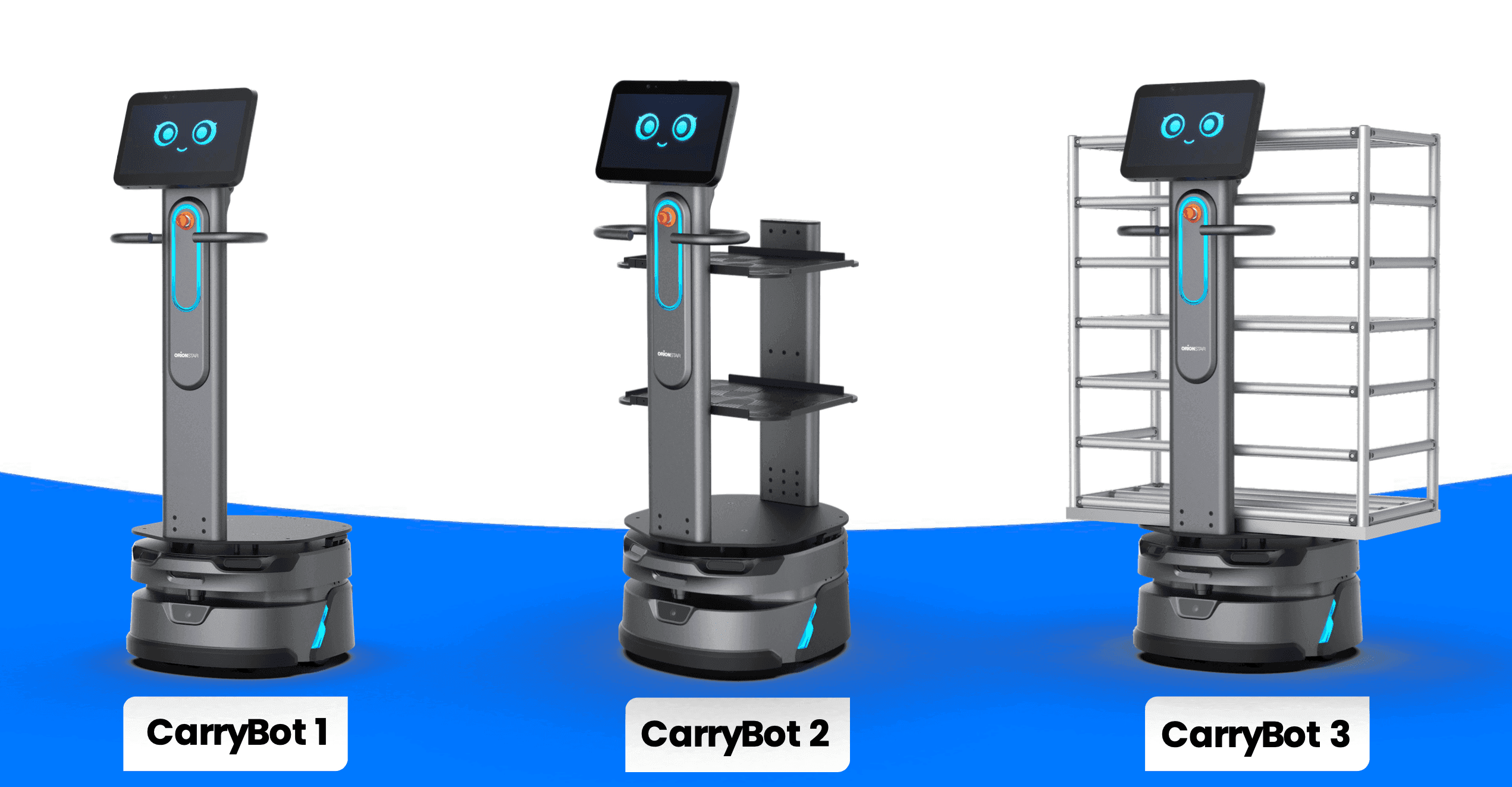 Comparison of CarryBot 1, CarryBot 2, and CarryBot 3 models, highlighting different configurations for diverse warehouse logistics needs.