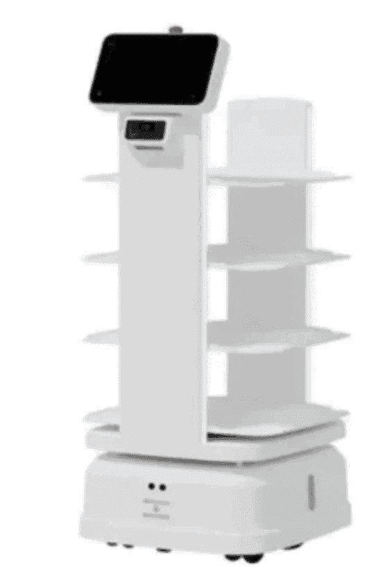 ATEAGO S7-300 Indoor/Outdoor Industrial Robot in white with touchscreen interface and four-tier shelves for smart delivery in business environments.
