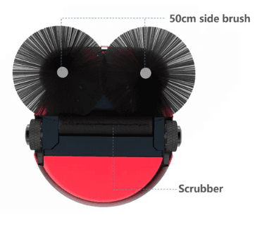 Bottom view of ATEAGO S1M Floor Sweeping Robot HERO highlighting 50cm side brushes and scrubber for wide-area industrial cleaning.