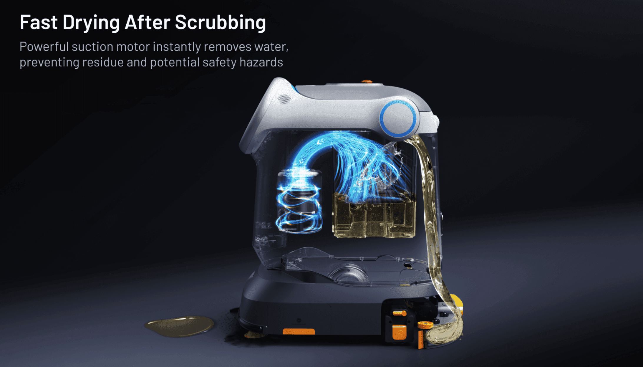 Cutaway of Kleenbot C40 showing fast-drying suction motor that removes water instantly to prevent safety hazards.