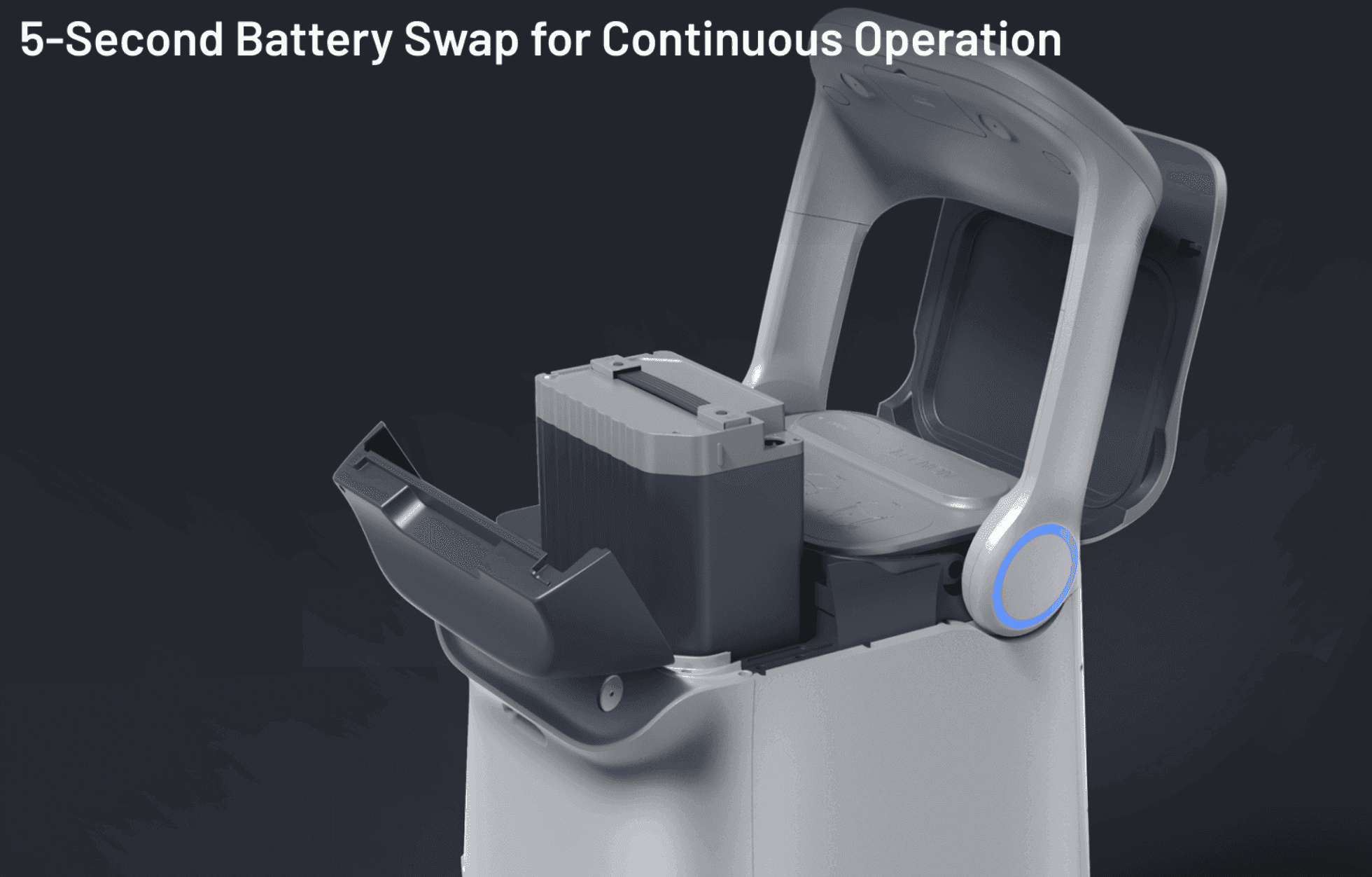Kleenbot C40 battery compartment open, demonstrating 5-second battery swap for uninterrupted cleaning performance.