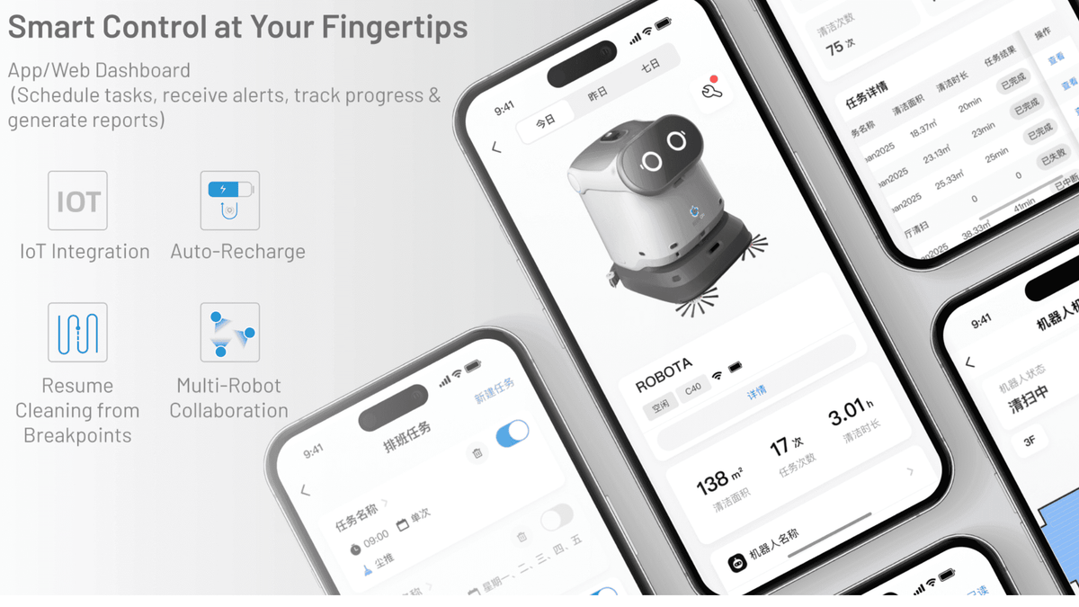 Smartphone dashboard for Kleenbot C40 showing app control, task scheduling, auto-recharge, and multi-robot collaboration.