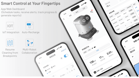 Smartphone dashboard for Kleenbot C40 showing app control, task scheduling, auto-recharge, and multi-robot collaboration.