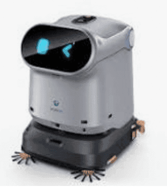 Side view of Kleenbot C40 4-in-1 cleaning robot showing compact design and dual brush system for efficient floor cleaning.