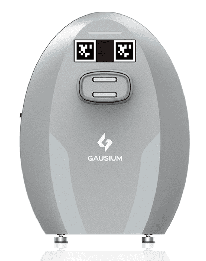 Front view of Gausium Vacuum 40 docking station in silver finish, featuring dual QR code sensors for seamless robot alignment.