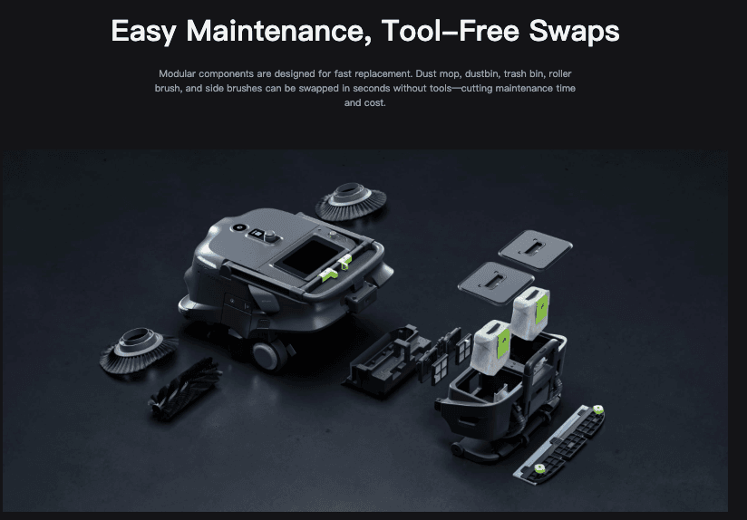 Modular components of cleaning robot for tool-free maintenance