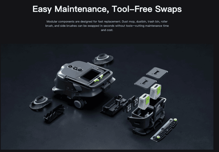 Modular components of cleaning robot for tool-free maintenance