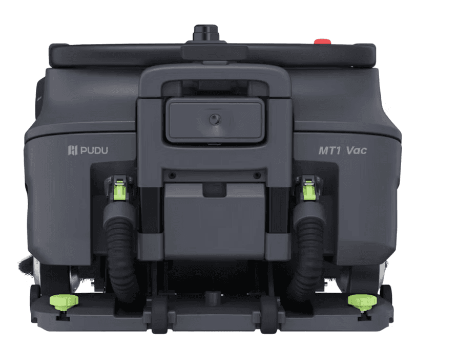 Rear view of autonomous cleaning robot with vacuum and brushes