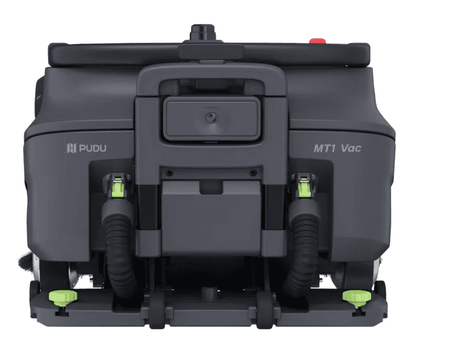 Rear view of autonomous cleaning robot with vacuum and brushes