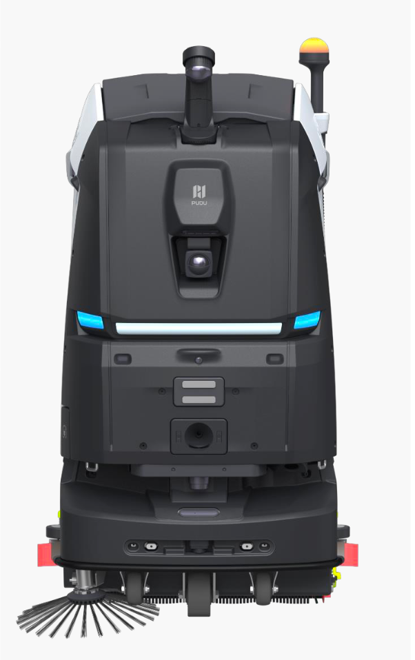 Modern industrial cleaning robot with sensors and scrubbing brushes