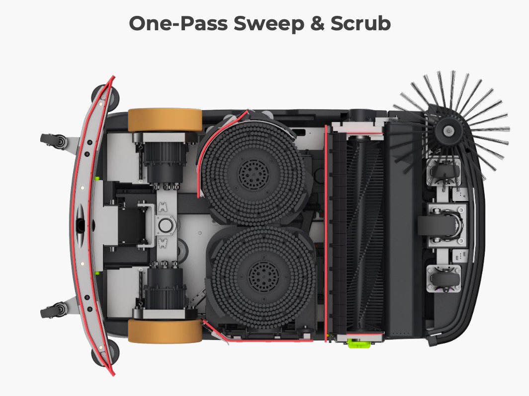 High-tech cleaning robot with sensors, cameras, and scrubbing discs