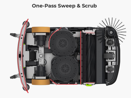 High-tech cleaning robot with sensors, cameras, and scrubbing discs