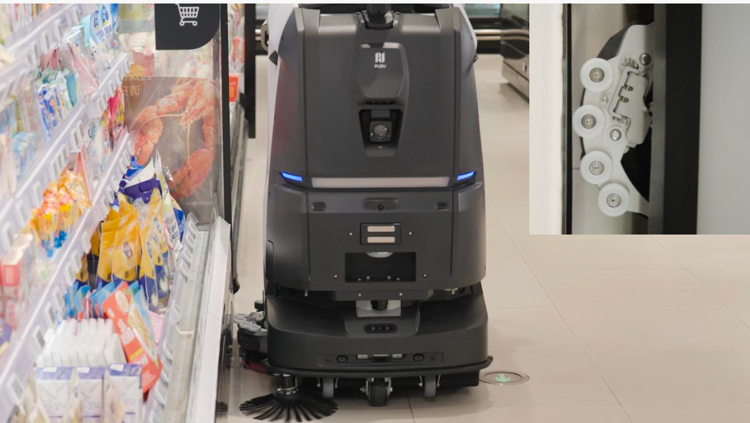 Autonomous cleaning robot in supermarket aisle with groceries