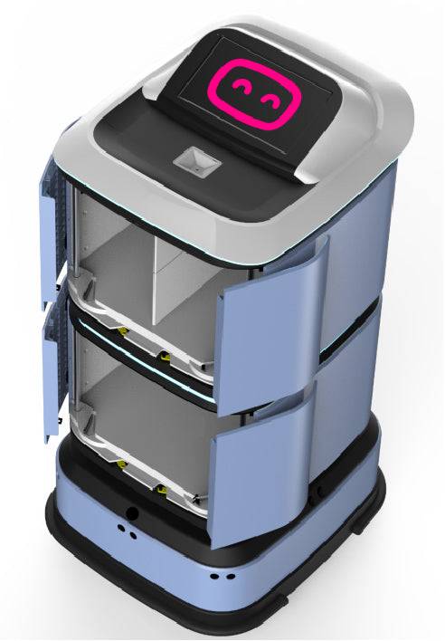 ATEAGO C2 Delivery/Hospitality Robot with open compartments and digital face display, ideal for hotels, restaurants, and healthcare use.