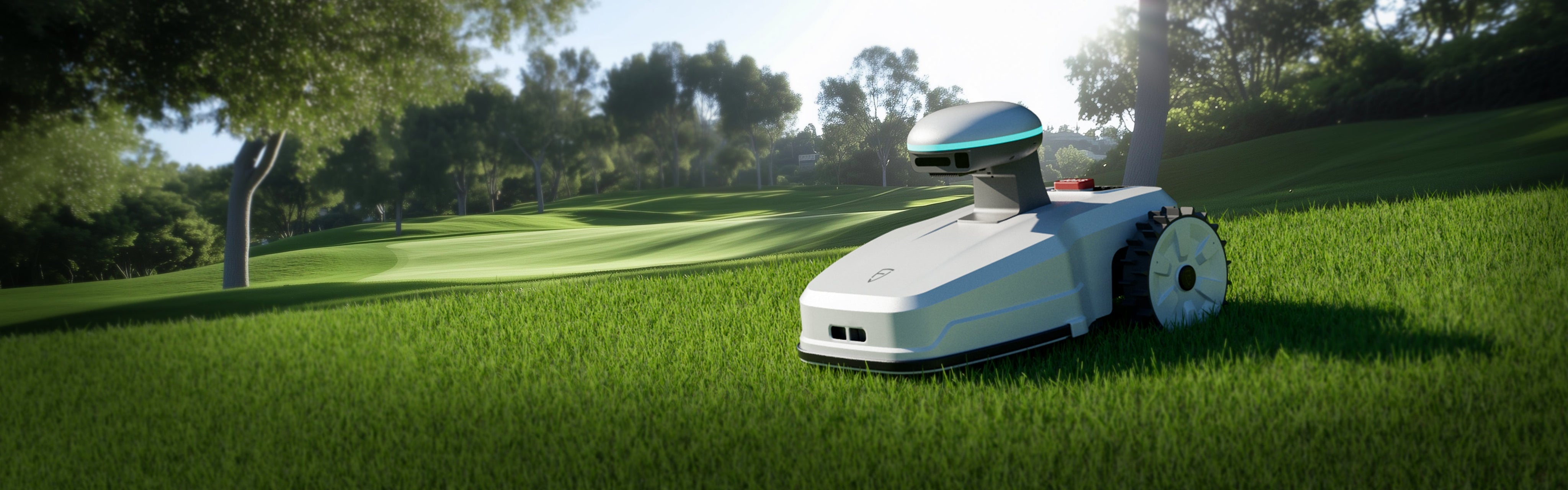Robotic lawn mower on green grass with trees in background